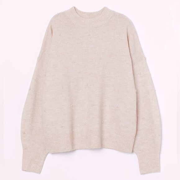 H&M Wool Pearl Studded Oversized Crewneck Sweater Women's Small Preppy Holiday - Picture 2 of 12